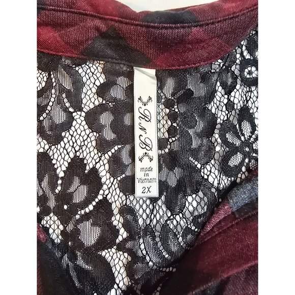 Red & Black Plaid Button-Up Shirt Lace Back Detail Roll-Up short Sleeves 2X Size - Picture 5 of 14